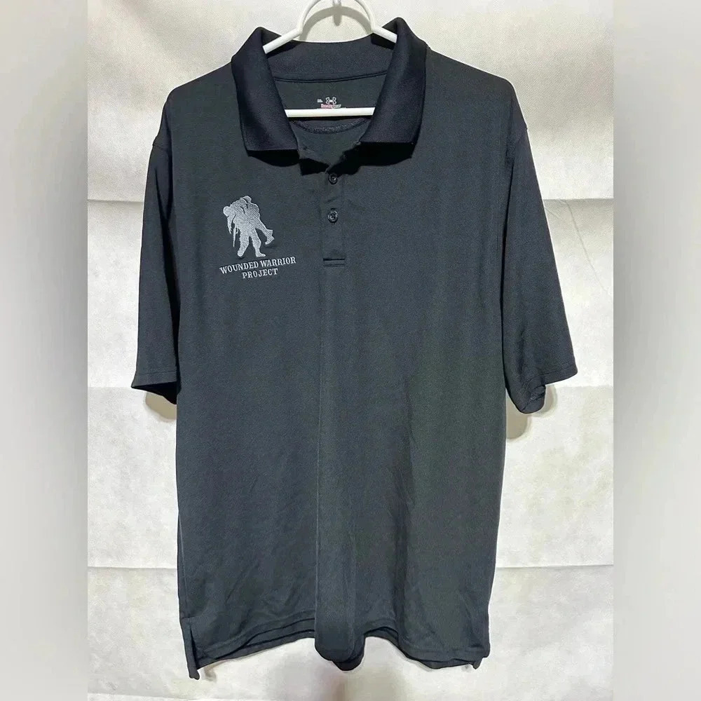 Under Armour Polo Shirt Mens XL Black Gray HeatGear Wounded Warrior Project Logo